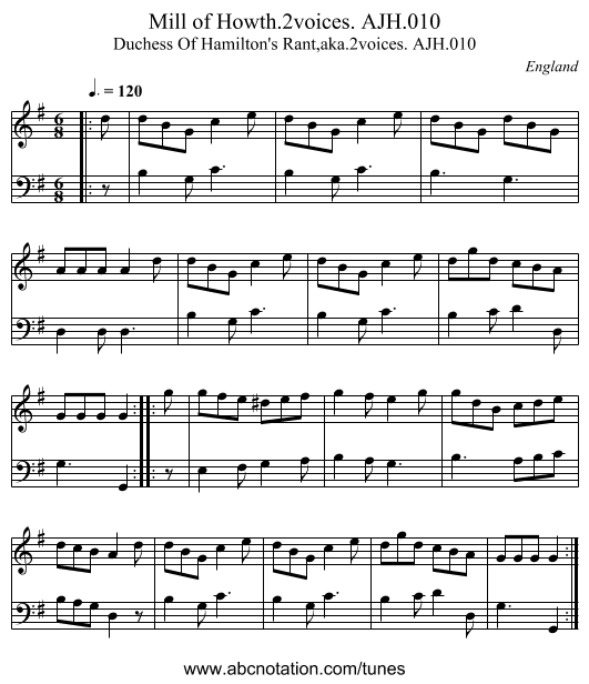 Mill of Howth.2voices. AJH.010 - staff notation