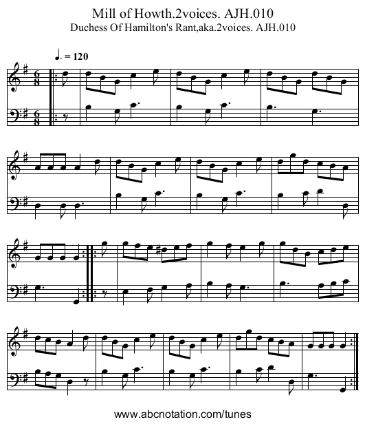 Mill of Howth.2voices. AJH.010 - staff notation