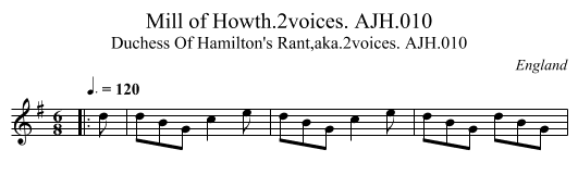 Mill of Howth.2voices. AJH.010 - staff notation