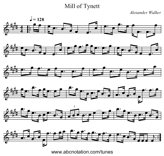 Mill of Tynett - staff notation