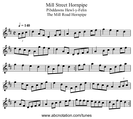 Mill Street Hornpipe - staff notation