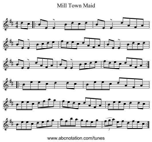 Mill Town Maid - staff notation
