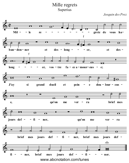 Mille regrets - staff notation