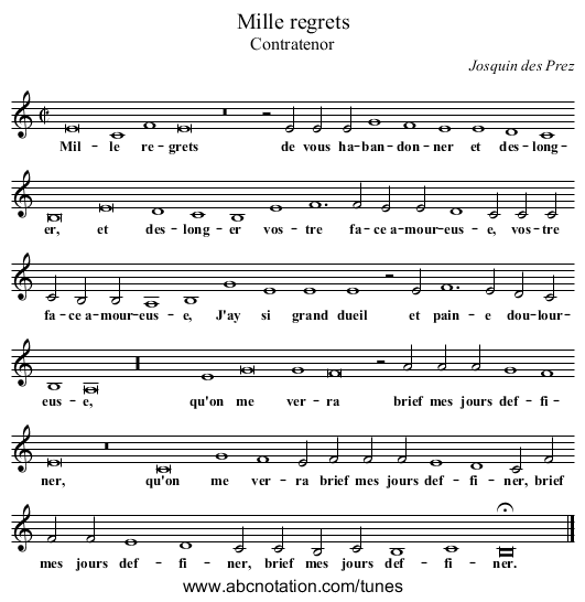 Mille regrets - staff notation
