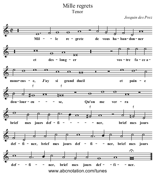 Mille regrets - staff notation