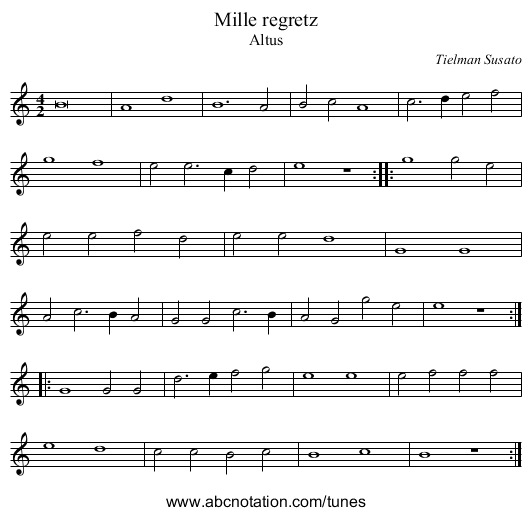 Mille regretz - staff notation