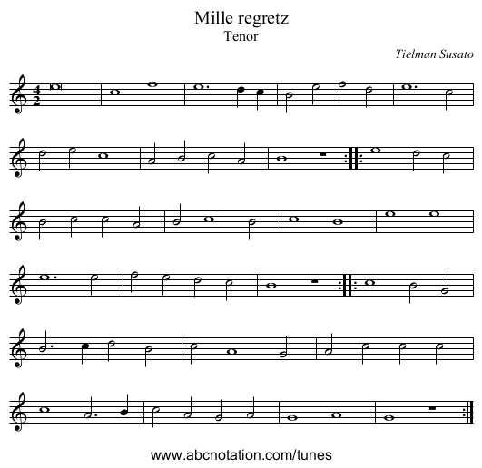 Mille regretz - staff notation