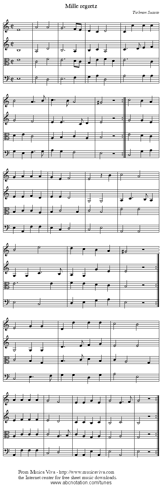 Mille regretz - staff notation