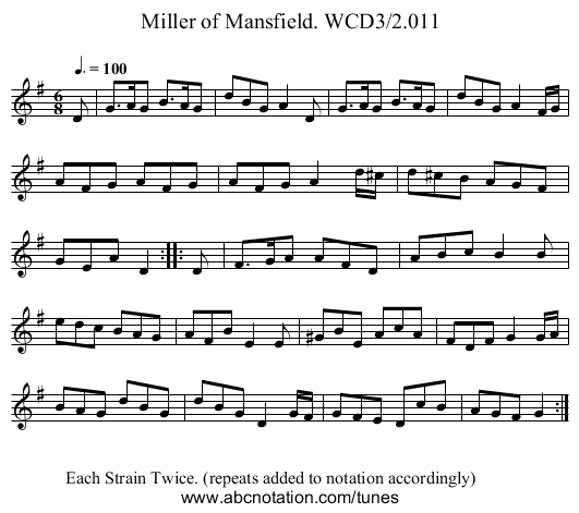 Miller of Mansfield. WCD3/2.011 - staff notation