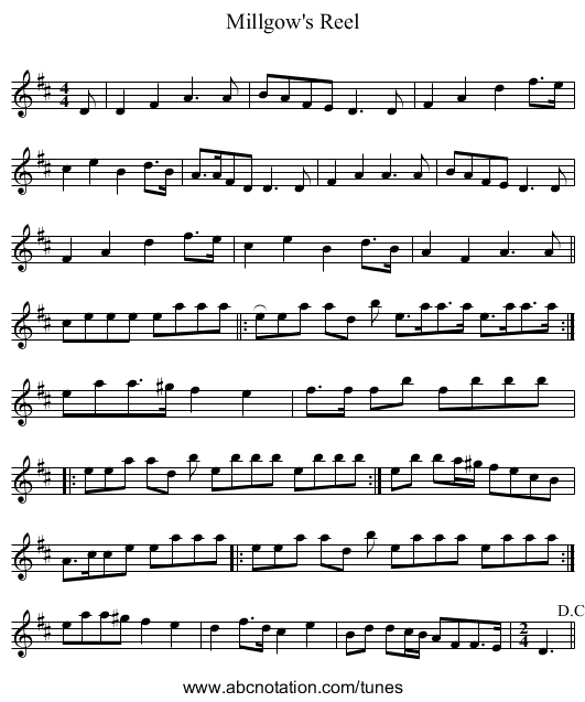 Millgow's Reel - staff notation