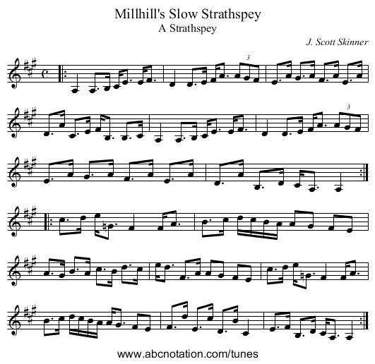 Millhill's Slow Strathspey - staff notation