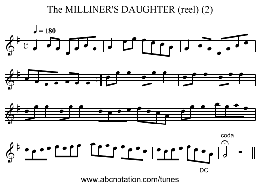 MILLINER'S DAUGHTER (reel) (2), The - staff notation