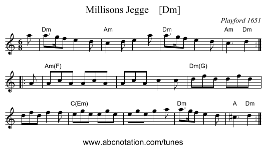Millisons Jegge    [Dm] - staff notation