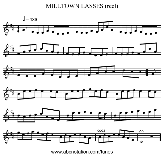 MILLTOWN LASSES (reel) - staff notation