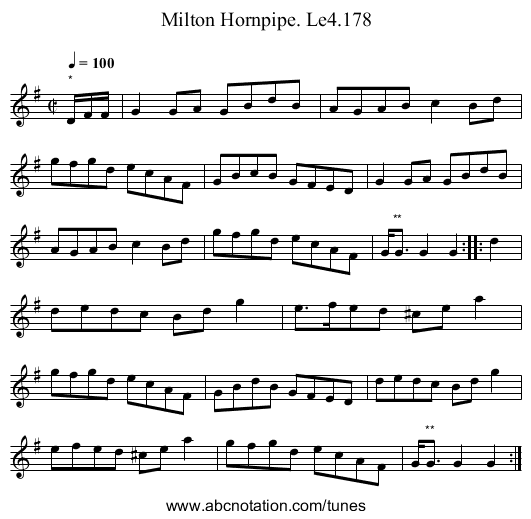 Milton Hornpipe. Le4.178 - staff notation