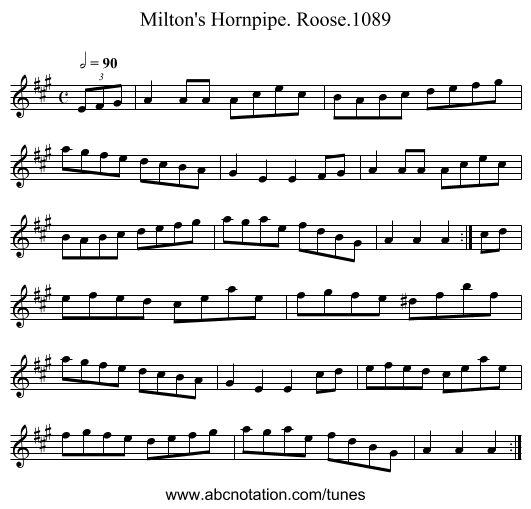 Milton's Hornpipe. Roose.1089 - staff notation