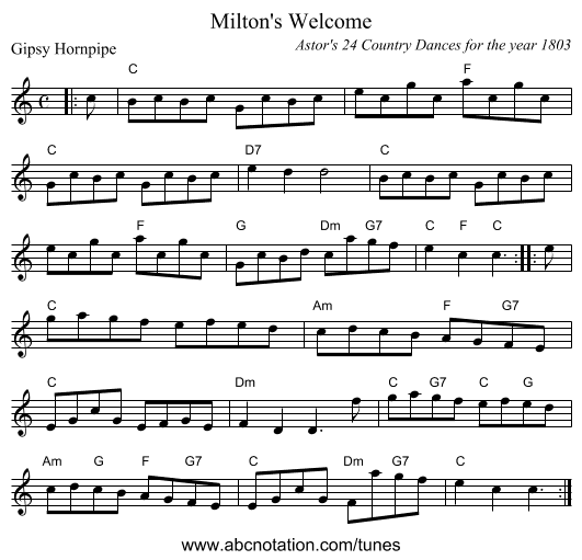 Milton's Welcome - staff notation