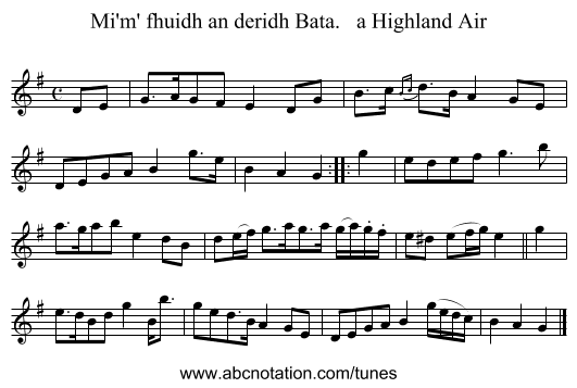 Mi'm' fhuidh an deridh Bata.   a Highland Air - staff notation