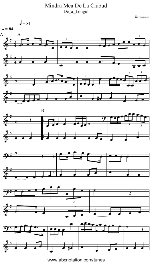 Mindra Mea De La Ciubud - staff notation