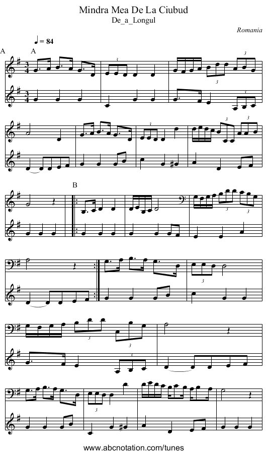 Mindra Mea De La Ciubud - staff notation