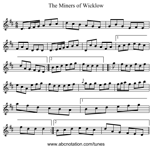 Miners of Wicklow, The - staff notation