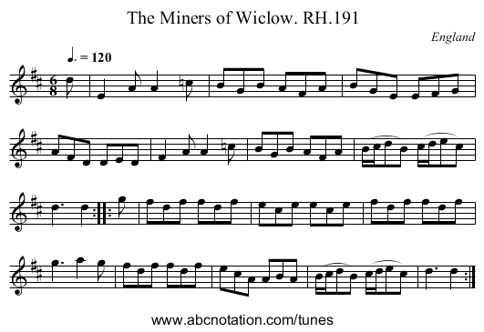 Miners of Wiclow. RH.191, The - staff notation