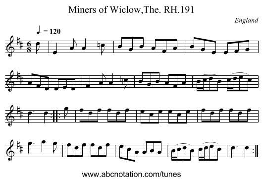 Miners of Wiclow,The. RH.191 - staff notation