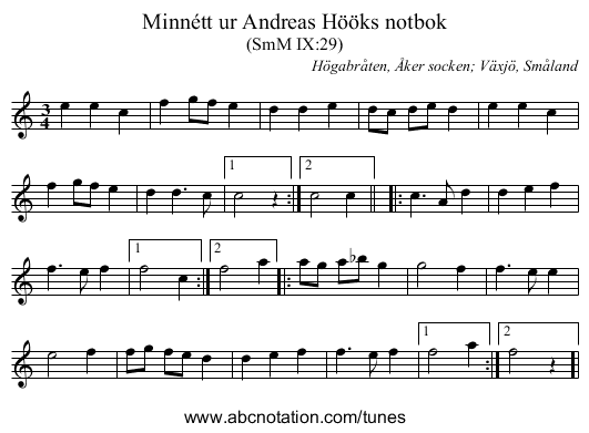 Minnétt ur Andreas Hööks notbok - staff notation