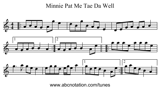 Minnie Pat Me Tae Da Well - staff notation