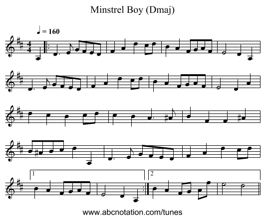 Minstrel Boy (Dmaj) - staff notation