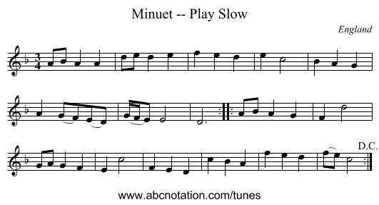Minuet -- Play Slow - staff notation
