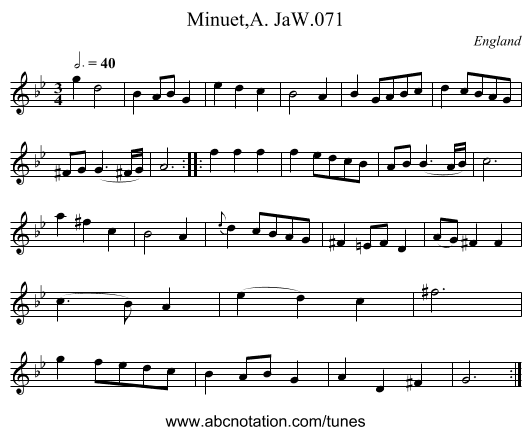 Minuet,A. JaW.071 - staff notation