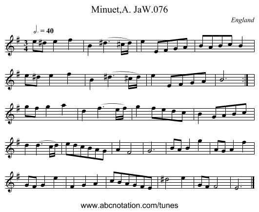 Minuet,A. JaW.076 - staff notation
