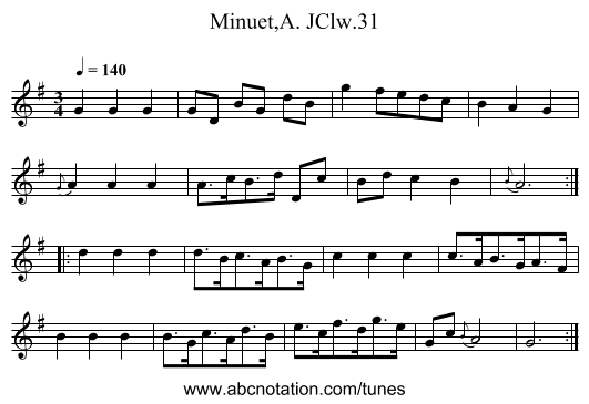 Minuet,A. JClw.31 - staff notation