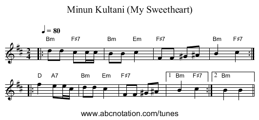 Minun Kultani (My Sweetheart) - staff notation