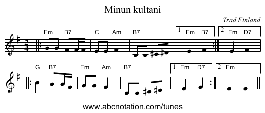 Minun kultani - staff notation