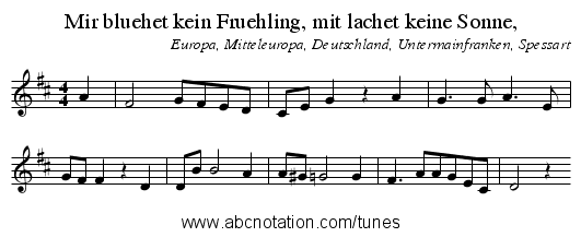 Mir bluehet kein Fruehling, mit lachet keine Sonne, - staff notation