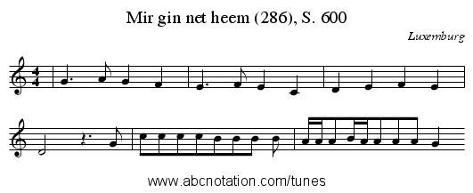 Mir gin net heem (286), S. 600 - staff notation