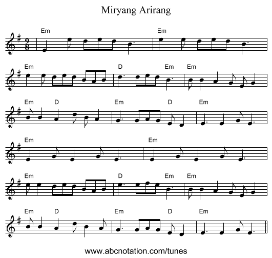 Miryang Arirang - staff notation