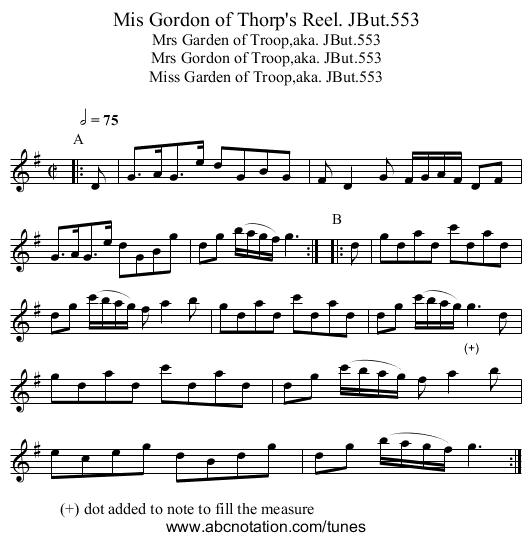Mis Gordon of Thorp's Reel. JBut.553 - staff notation