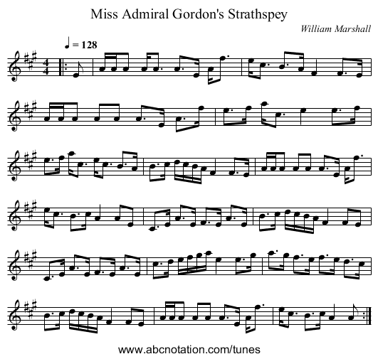 Miss Admiral Gordon's Strathspey - staff notation