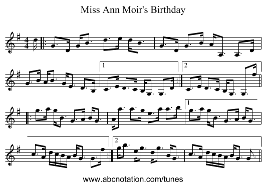 Miss Ann Moir's Birthday - staff notation