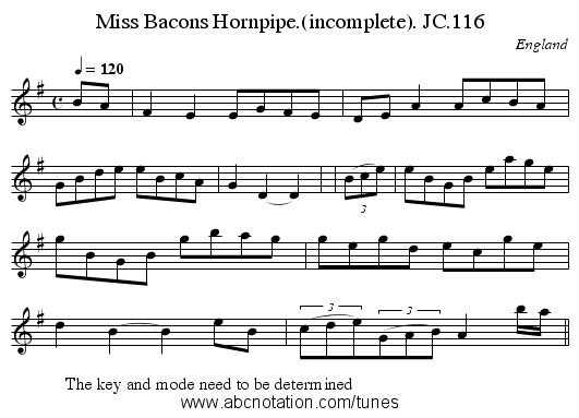 Miss Bacons Hornpipe.(incomplete). JC.116 - staff notation
