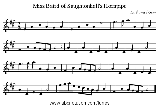 Miss Baird of Saughtonhall's Hornpipe - staff notation