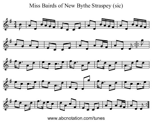Miss Bairds of New Bythe Straspey (sic) - staff notation