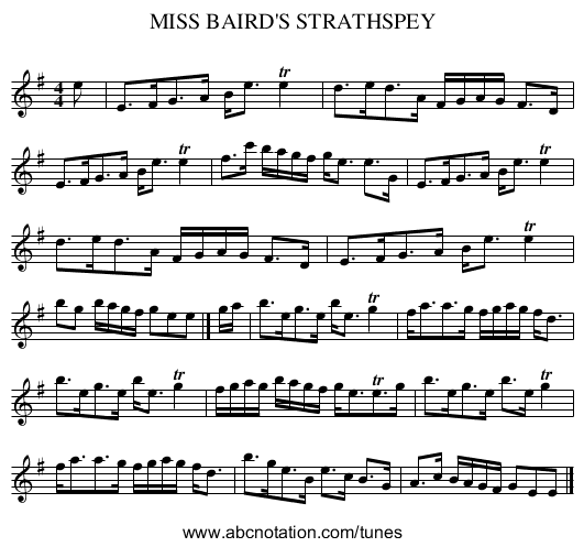 MISS BAIRD'S STRATHSPEY - staff notation