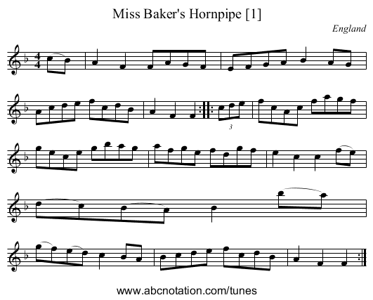 Miss Baker's Hornpipe [1] - staff notation