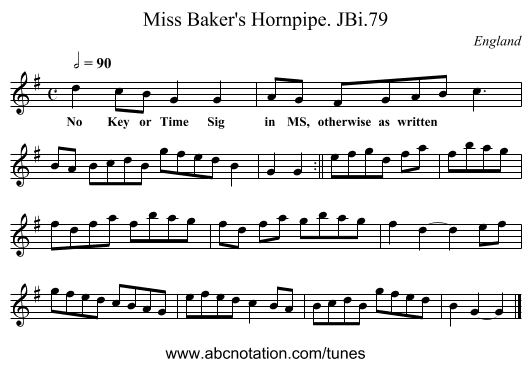 Miss Baker's Hornpipe. JBi.79 - staff notation