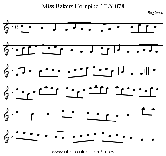 Miss Bakers Hornpipe. TLY.078 - staff notation