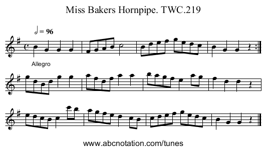 Miss Bakers Hornpipe. TWC.219 - staff notation